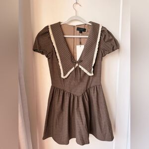 Brown Plaid Dress with Cream Trim